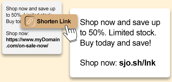 Graphic illustrating the link shortener converting a long annoying url to a streamlined one that just INVITES the user to click